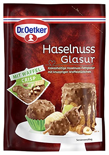 Dr. Oetker Haselnuss Glasur – Mit knusprigen Waffelstückchen sorgt die zartschmelzende, kakaohaltige Haselnuss Glasur für eine Extra-Portion Crunch auf Kuchen, Torten und Desserts 1er Pack (1 x 150g) von Dr. Oetker