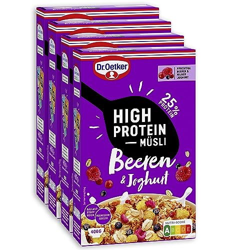 Dr. Oetker High Protein Müsli Beeren & Joghurt 4er Pack Müsli aus wertvollen Flocken, Protein Cerealien, Himbeeren, Johannisbeeren, Cranberriesaft sowie Joghurt von Dr. Oetker