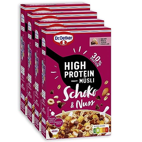 Dr. Oetker High Protein Müsli Schoko & Nuss 4er Pack Müsli aus wertvollen Flocken, Protein Cerealien, knackigen Nüssen und Zartbitterschokolade von Dr. Oetker
