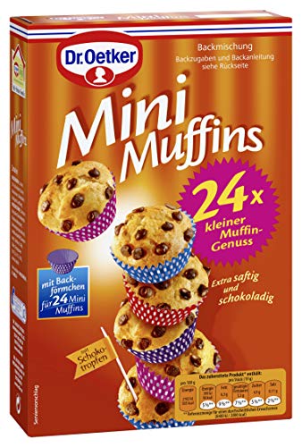 Dr. Oetker Mini Muffins, 270 g, Backmischung für Rührteig mit Schokotropfen, zum Zubereiten von 24 Mini Muffins, inkl. Mini-Papierbackförmchen von Dr. Oetker