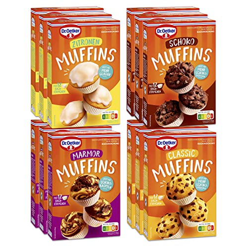 Dr. Oetker Muffins im 12er Probier-Set – Backmischungen für Rührteig Schoko, Marmor, Zitrone und klassisch mit Schokostückchen, zum Zubereiten von 12 Cupcakes pro Pack, inkl. Papierbackförmchen von Dr. Oetker