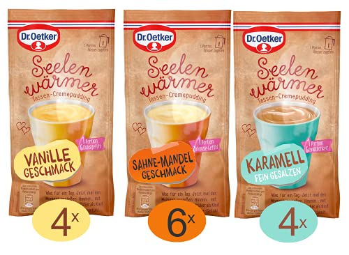 Dr. Oetker Seelenwärmer – 14er Pack Creme-Tassenpudding in den leckeren Geschmacksrichtungen Vanille, Sahne-Mandel und Karamell Geschmack von Dr. Oetker