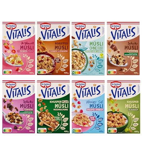 Dr. Oetker Vitalis Müsli Probier-Set, 8er Pack, Schoko klassisch, Weniger Süß, Knusper Klassisch, Knusper Plus, Schoko feinherb, Müsli ohne Zuckerzusatz, Roasted Müsli, Joghurt Müsli von Dr. Oetker