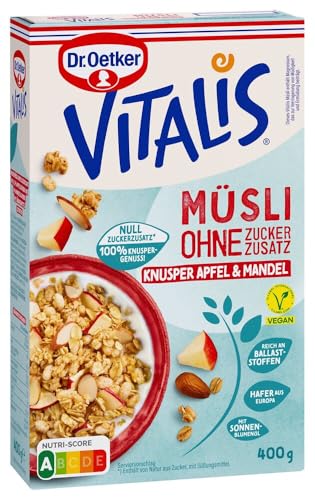 Dr. Oetker Vitalis Müsli ohne Zuckerzusatz Knusper Apfel & Mandel4er Pack Knusper Müsli aus fruchtigen Apfelstücken und knusprigen Mandeln (4 x 400g) von Dr. Oetker
