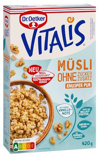 Dr. Oetker Vitalis Müsli ohne Zuckerzusatz Knusper Pur 4er Pack Vitalis Knusper Müsli aus hellem Granola mit feiner Bourbon-Vanillenote (4 x 420g) von Dr. Oetker