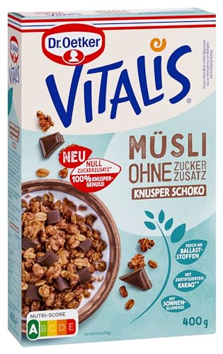 Dr. Oetker Vitalis Müsli ohne Zuckerzusatz Knusper Schoko 4er Pack Knusper Müsli aus Kakaogranola und 12% zuckerfreier, belgischer Schokolade (mit Maltit) (4 x 400g) von Dr. Oetker