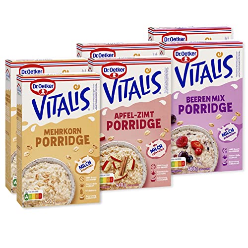 Dr. Oetker Vitalis Porridge Großpackungen im 6er Probier-Set Alle Sorten Mehrkorn, Apfel-Zimt, Beeren Mix, warme Hafermahlzeit, einfach mit Milch zubereiten von Dr. Oetker