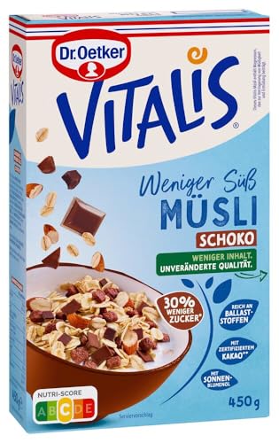 Dr. Oetker Vitalis Weniger Süß Schoko Müsli: Müsli mit 30% weniger Zucker, Schokostückchen und Mandeln, 5er Packung, (5 x 450g) von Dr. Oetker
