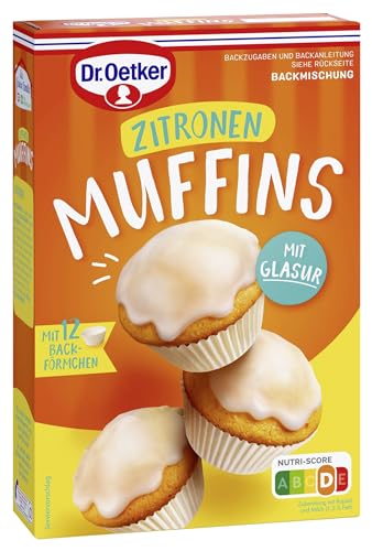 Dr. Oetker Zitronen Muffins, 4 x 415 g, Backmischung für Rührteig Zitrone, zum Zubereiten von 12 Muffins mit Glasur, inkl. Papierbackförmchen von Dr. Oetker