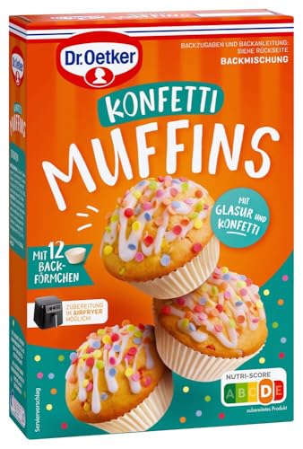 Oetker Konfetti Muffins: 4er Muffin Set zum Backen von kunterbunten Muffins inklusive Muffin Papierbackförmchen, Zuckerkonfetti und Glasurmischung (4 x 360g) von Dr. Oetker