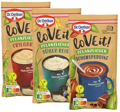 Dr. Oetker LoVE it! Probier-Set Pflanzlicher Pudding Schokolade & Karamell, Grießbrei, Süßer Reis 16er Pack vegane Dessertpulver für die schnelle Zubereitung eines Tassen-Desserts von Dr. Oetker