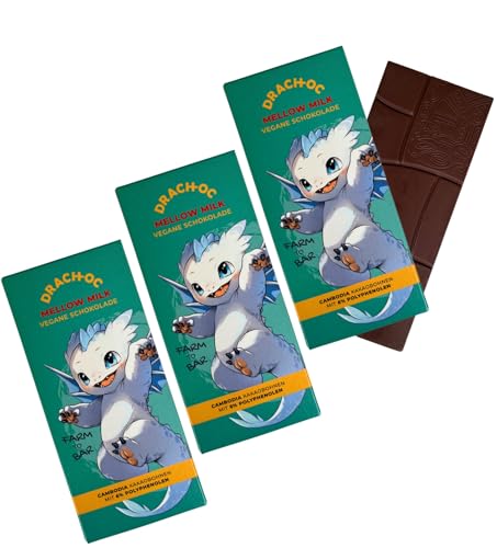 Drach-Oc Vegan Schokolade – Mellow Milk, 100% Pflanzlich, Nachhaltig & Fair Trade, Farm-to-Bar, Dragon Manga Sammelobjekt (120g, 3 Schokoladentafeln) von Drach-oc