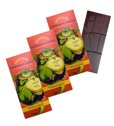 Drach-Oc Vegan Schokolade – Rainforest Pandan, 100% Pflanzlich, Nachhaltig & Fair Trade, Farm-to-Bar, Dragon Manga Sammelobjekt (120g, 3 Schokoladentafeln) von Drach-oc