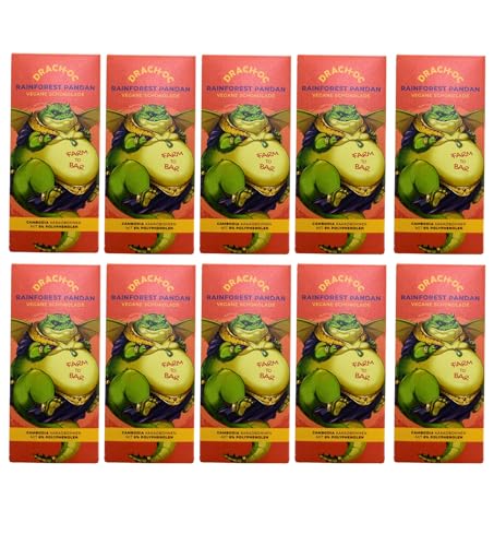 Drach-Oc Vegan Schokolade – Rainforest Pandan, 100% Pflanzlich, Nachhaltig & Fair Trade, Farm-to-Bar, Dragon Manga Sammelobjekt (400g, 10 Schokoladentafeln) von Drach-oc