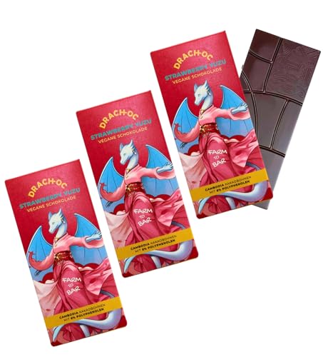 Drach-Oc Vegan Schokolade – Strawberry Yuzu, 100% Pflanzlich, Nachhaltig & Fair Trade, Farm-to-Bar, Dragon Manga Sammelobjekt (120g, 3 Schokoladentafeln) von Drach-oc