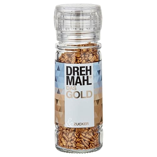 DREHMAHL© Mühle Aromazucker Das Gold (75g) | für Kaffee und Süßspeisen | Drehmühle mit dragierten Goldflocken mit feinherben Schokoladenraspeln von Drehmahl