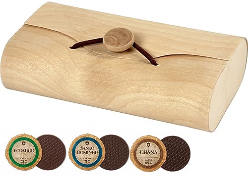 24 Edel Schokoladen Golddublonen 3 Sorten Zartbitter DreiMeister im Kuvert aus Holz von DreiMeister