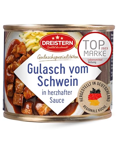 DREISTERN Schweinegulasch 500g I Mit pikanter Sauce I Herzhaftes Fertiggericht in recyclebarer Konservendose I Lange Haltbarkeit dank natürlicher Konservierung I Hausmacher Qualität DREISTERN Schweinegulasch 500g I Mit pikanter Sauce I Herzhaftes Fertiggericht in recyclebarer Konservendose I Lange Haltbarkeit dank natürlicher Konservierung I Hausmacher Qualität von DREISTERN