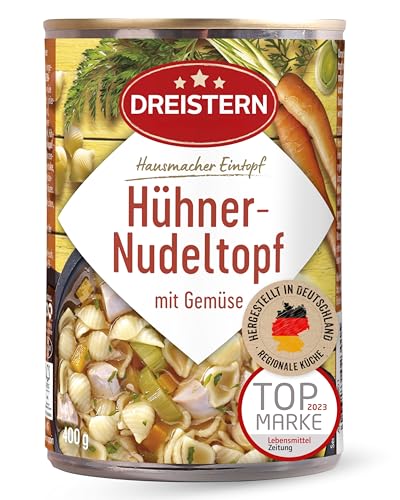 DREISTERN Hühnernudeltopf 400g I Mit Hühnerfleisch & Gemüse I Herzhafter Eintopf in recyclebarer Konservendose I Lange Haltbarkeit dank natürlicher Konservierung I Hausmacher Qualität von DREISTERN