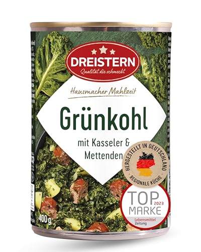 DREISTERN Grünkohl mit Kasseler und Mettenden 400 g I leckeres Fertiggericht mit Gemüse in der praktischen recycelbaren Konserve I Kombination Kasseler& Mettenden von DREISTERN