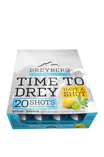 Dreyberg Shot in a box | 20 x 2cl Dreyberg Liquid Edelweiss | Mit 3-fach destilliertem Vodka| 1 x 0.4 l von Dreyberg