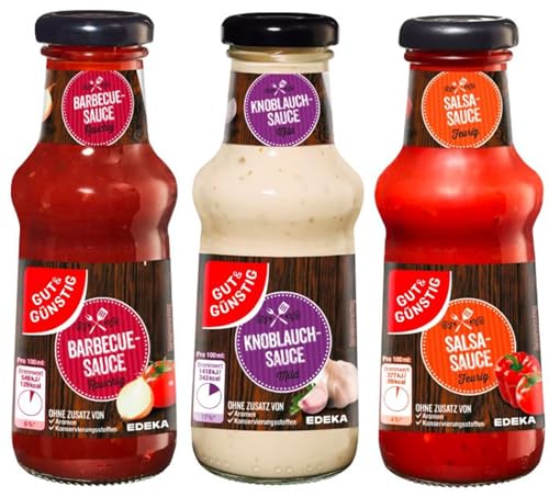 EDEKA Gut und Günstig Grillsaucen Set BBQ, Knoblauch, Salsa Sauce 3er Pack Saucen zum Grillen Dips in Glasflasche 3x250 ml EDEKA Gut und Günstig Grillsaucen Set BBQ, Knoblauch, Salsa Sauce 3er Pack Saucen zum Grillen Dips in Glasflasche 3x250 ml von EDEKA