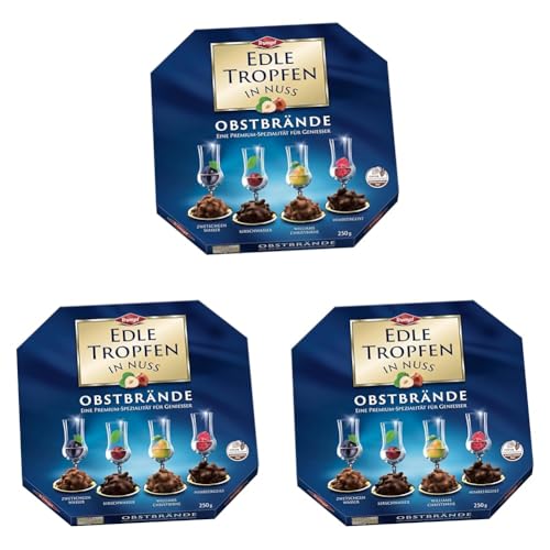 Edle Tropfen in Nuss Obstbrände 250g, flüssig gefüllte Schokoladenpralinen mit Milchschokoladen-Überzug und knackigen Haselnuss-Splittern (Packung mit 3) von EDLE TROPFEN