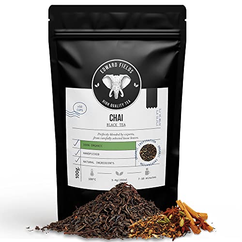 Edward Fields Tea ® - Bio-Chai-Schwarztee in loser Schüttung. Bio Chai Latte Schwarztee handgepflückt mit natürlichen und biologischen Zutaten und Aromen, 100g, Indien. (Schwarzer Chai) von EDWARD FIELDS HIGH QUALITY TEA