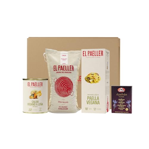 EL PAELLER Veganer Korb, veganes El Paeller-Set, enthält vegane Paella 18 Minuten, vegane Holzbrühe, D.O Valencia Albufera-Reis und Safran von El Paeller