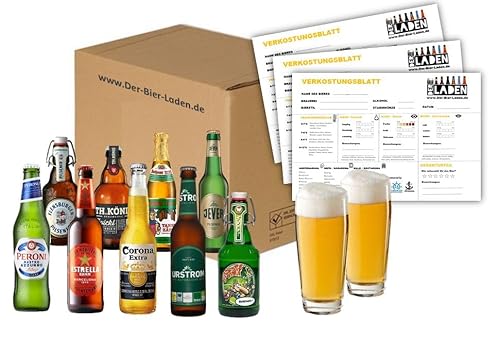 BIERPAKET + 2 Gläser + 10 Verkostungsbögen Testpaket 10x 0,33L Pils Lager Italien Spanien Deutschland inkl. Pfand von ELBSCHLUCK