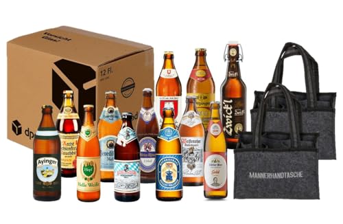 BIERPAKET 12x 0,5L Bayrische Biere + 2 Filz Männerhandtasche Testpaket Geschenk für Männer Geburstatg Jubiläum Ostern Geschenkidee Papa Mann Opa Onkel Vatertag Himmelfahrt von ELBSCHLUCK
