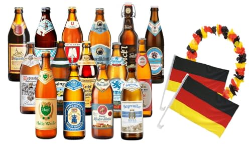 BIERPAKET FANPAKET Geschenk Mitbringsel 18 Deutsche Biere, 2 Auto-Fahnen, 1 Hawaikette Deustchland für die Fußball-EM 2024 Vatertag Himmelfahrt von ELBSCHLUCK