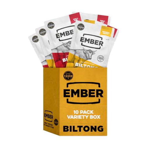 Ember Snacks – Biltong Beef Jerky (10 x 25g Variety) Proteinreich, kalorienarm. Fettarmer, Snack für unterwegs, hergestellt aus britischem und irischem Rindfleisch von EMBER