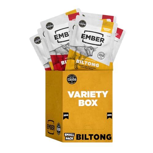 Ember Snacks - Biltong Beef Jerky (10 x 25g Variety) Proteinreich, kalorienarm. Fettarmer, Snack für unterwegs, hergestellt aus britischem und irischem Rindfleisch - Verpackung kann variieren von EMBER