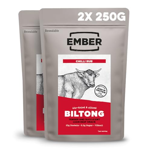 Ember Snacks - Biltong-Snack (2x250g Chilli) aus britischem und irischem Rindfleisch - hoher Eiweißgehalt [Verpackung kann variieren] von EMBER