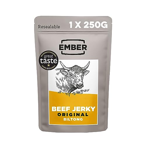 Ember Snacks - Biltong-Snack (1 x 250g Original) aus britischem und irischem Rindfleisch - hoher Eiweißgehalt - Verpackung kann variieren Ember Snacks - Biltong-Snack (1 x 250g Original) aus britischem und irischem Rindfleisch - hoher Eiweißgehalt - Verpackung kann variieren von EMBER