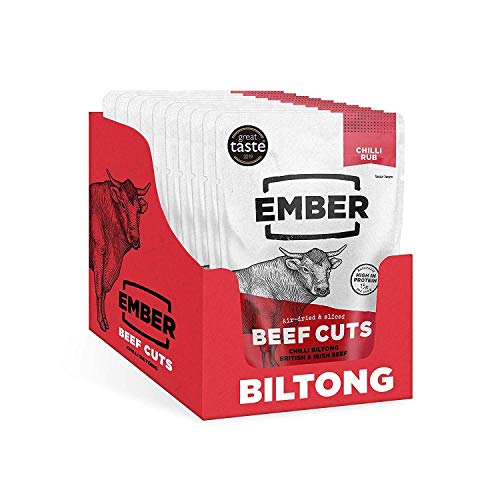 Ember Snacks – Biltong Beef Jerky (28 g x 10 chilli) Proteinreich, kalorienarm. Fettarmer, Snack für unterwegs, hergestellt aus britischem und irischem Rindfleisch von EMBER