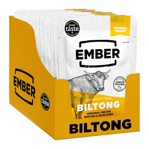 Ember Snacks - Biltong Beef Jerky (25g x 10 Original) Proteinreich, kalorienarm. Fettarmer, Snack für unterwegs - hergestellt aus britischem und irischem Rindfleisch - Verpackung kann variieren Ember Snacks - Biltong Beef Jerky (25g x 10 Original) Proteinreich, kalorienarm. Fettarmer, Snack für unterwegs - hergestellt aus britischem und irischem Rindfleisch - Verpackung kann variieren von EMBER