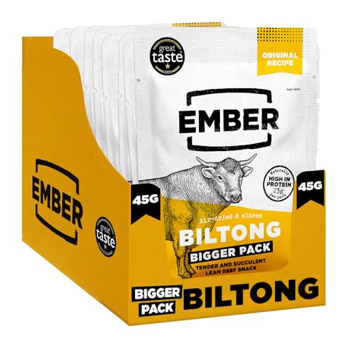 Ember Snacks – Biltong Beef Jerky (25g x 10 Original) Proteinreich, kalorienarm. Fettarmer, Snack für unterwegs– hergestellt aus britischem und irischem Rindfleisch von EMBER