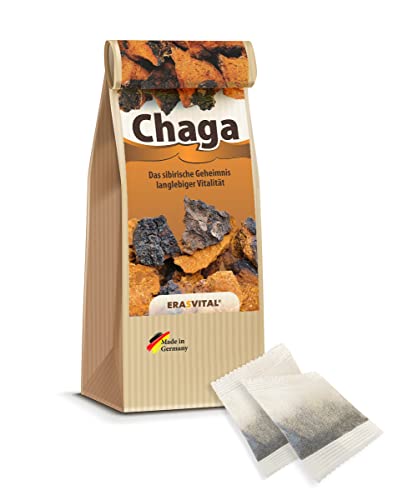 Chaga Pilz portioniert in 60 Beuteln je 1g wild gesammelt Schonend getrocknet vegan Qualität vom Fachhandel Broschüre mit vielen Rezepten von ERASVITAL