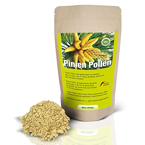 Pinien Pollen 100g Wildsammlung zellwandgebrochen in einem praktischen, widerverschließbaren Standbeutel, aus recycelbarem Material, ohne Aluminium. von ERASVITAL