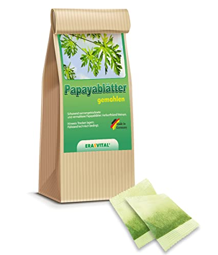 Papaya-Blätter und Papaya-Stängel gemahlen und portioniert im Filterbeutel ohne weitere Zusatzstoffe im 20 Portionsbeuteln von ERASVITAL