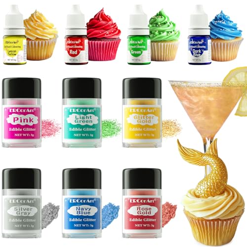 Essbares Glitzer Set- 6 Farben Glitzerpulver für Getränke, Edible Glitter mit 4 Farben Lebensmittelfarbe Gel, Lebensmittel Glitzer für Drinks, Cocktail, Fondant, Schokolade- 3g von ERCorArt