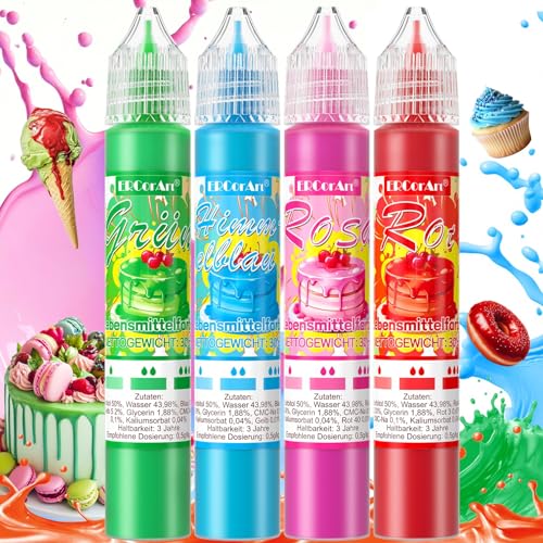 Lebensmittelfarbe Flüssig - 4 Farben Set (30 ml je Farbe) - Hochkonzentrierte Lebensmittelfarben für Kuchendekoration, Buttercreme, Macarons, Fondant, DIY - Food Coloring Vegan von ERCorArt