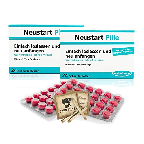 Lustige Pillen NEUSTART Pille 2er Set, als Geburtstagsgeschenk. Spaß, Anti Stress, gute Laune, Junggesellenabschied Mann und Frau. mit John Silver® Orakelsprüchen von ERFURTH FUN