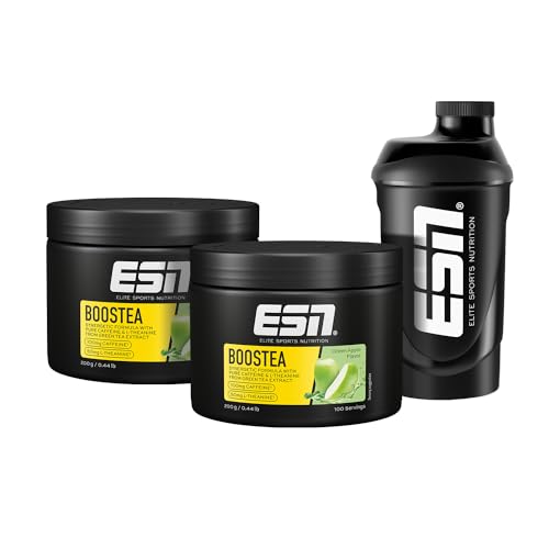 ESN Boostea + Gratis Shaker, Green Apple, 2 x 200 g, Booster mit Koffein, L-Theanin und Grüntee-Extrakt, vegan - made in Germany von ESN