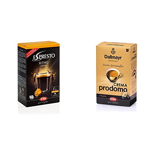 ESPRESTO Ritmo Lungo Kaffeekapseln Stärke 5, K-fee System, 6er Pack (6x124 g) & Dallmayr CREMA prodomo Kaffeekapseln, kompatibel mit Tchibo Cafissimo(R)*, 6er pack (6 x 16 Stück) von ESPRESTO