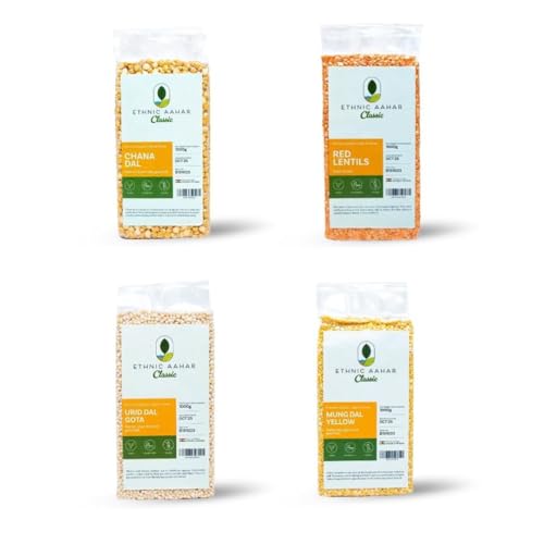 Ethnic Aahar Dal Combo Pack – Chana Dal, Masoor Dal, Urid Dal Gota & Moong Dal Yellow – 1kg Each (Total 4kg) – High Protein, Unpolished, Natural Pulses von ETHNIC AAHAR