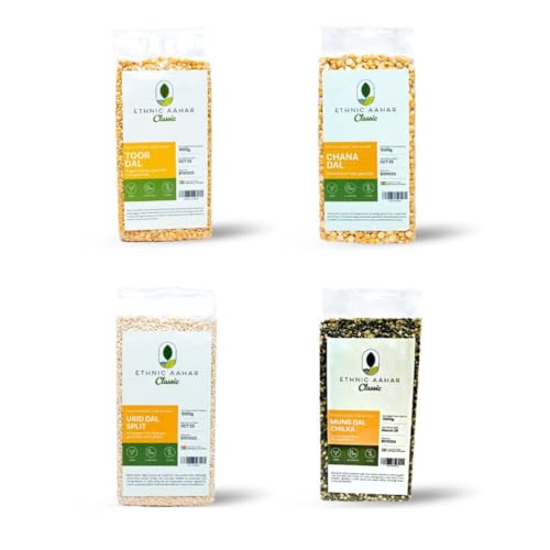 Ethnic Aahar Dal Combo Pack – Toor Dal, Moong Dal Chilka, Chana Dal & Urid Dal Split – 1kg Each (Total 4kg) – High Protein, Unpolished, Pulses von ETHNIC AAHAR