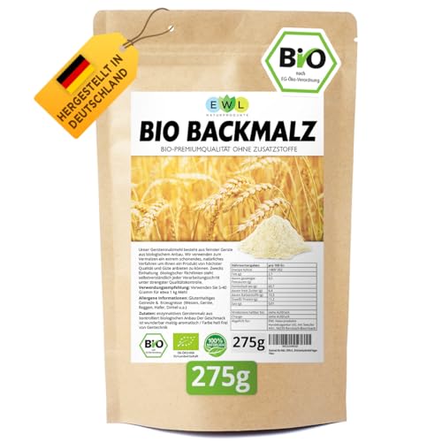 EWL Naturprodukte Backmalz Bio Malz, 100% deutsche Gerste Gerstenmalz, 275g Backmalz für Brot und Brötchen, ballaststoffreicher Mehlzusatz, Gerstenbackmalz Brötchenbackmittel Vegan von EWL Naturprodukte